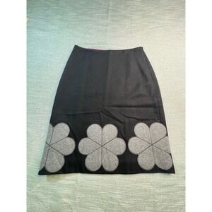 Boden Black Wool Blend A-Line Skirt Grey Flower Applique Pink Lining US 4